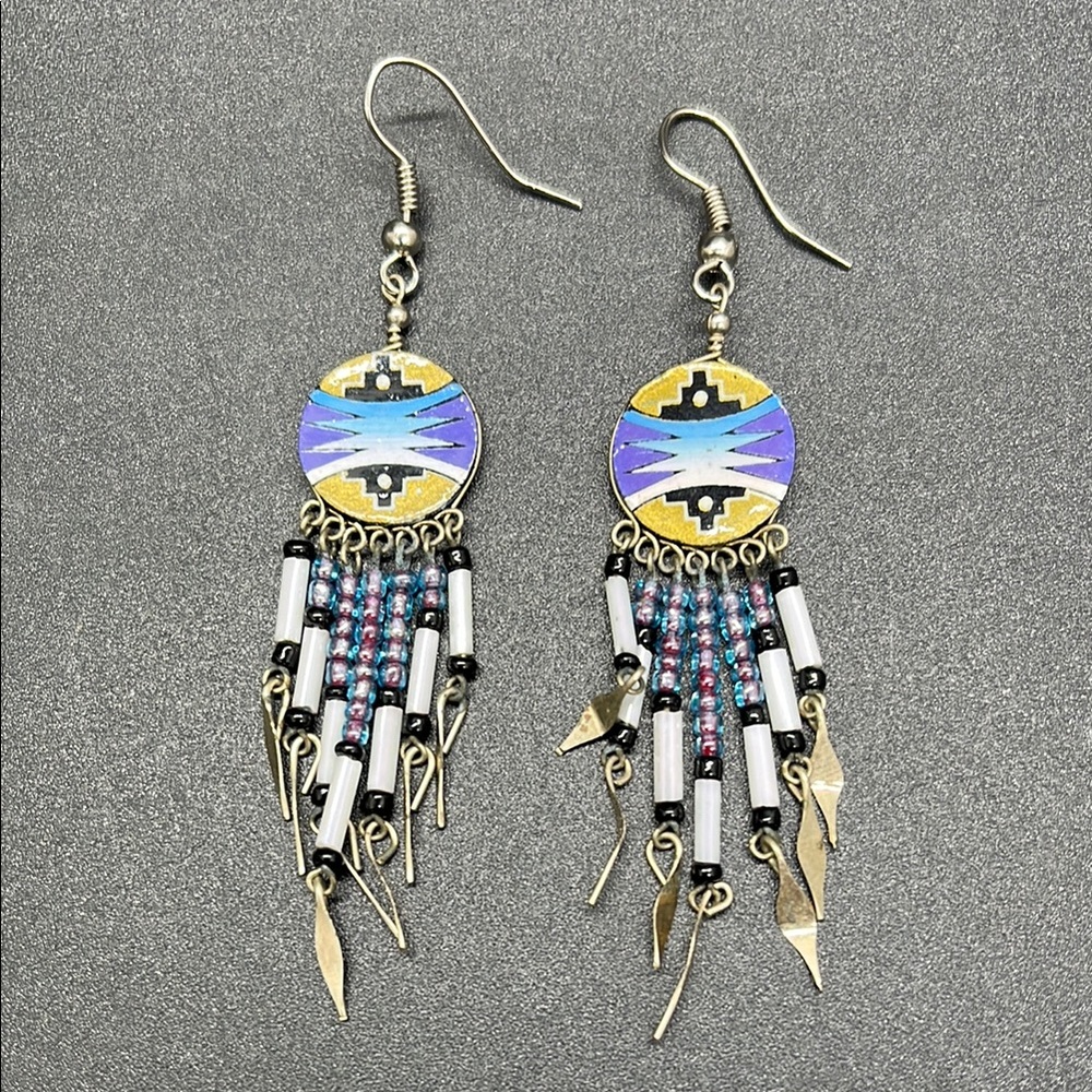 Aztec Patter Bohemian Purple & Gold Dangle Beaded Earrings